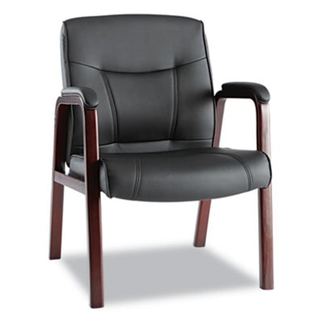 Alera Madaris Leather Guest Chair w/Wood Trim Four Legs Black/Mahogany